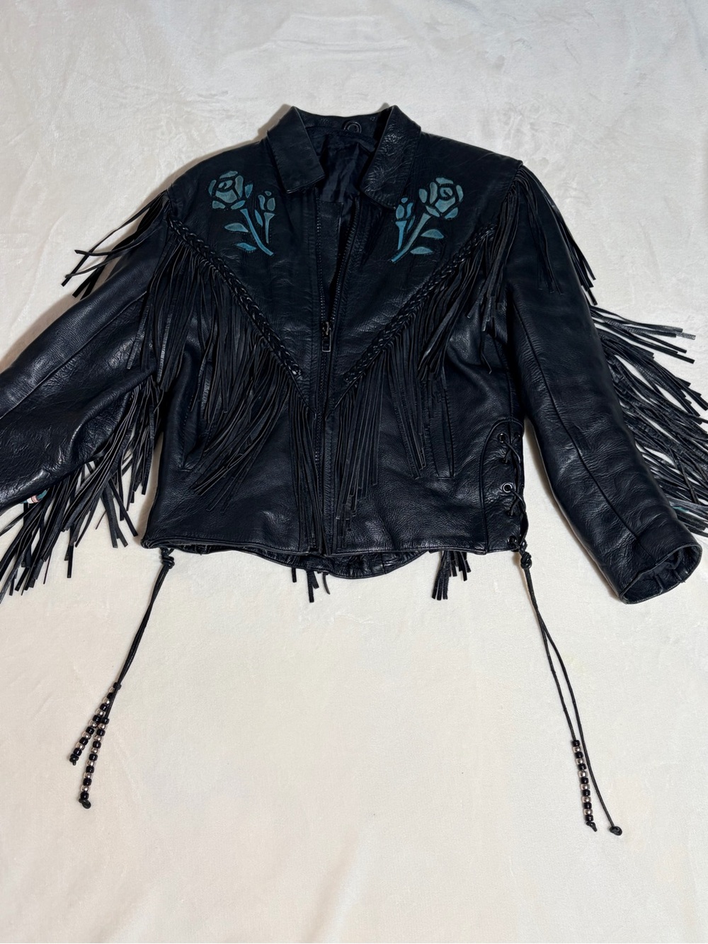 Black Leather Fringe Jacket with Teal Rose Motif